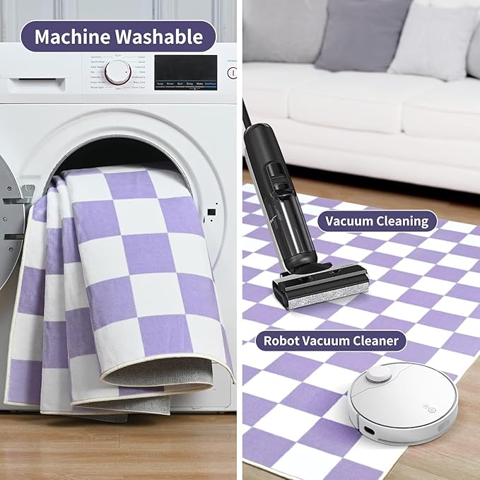 Terrug Purple and White Small Checkered Rug for Bedroom, 2x3 Soft Washable Rug with Non Slip Backing, Low Pile Throw Carpet for Entryway Hallway Kitchen Laundry Room