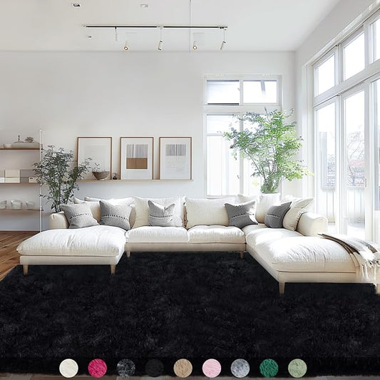 Black Area Rugs 9x12 Living Room, Large Fluffy Rugs for Bedroom, Soft Carpet Shag Kids Room Rug, Non-Slip Fuzzy Rugs Indoor (9ft x 12ft, Black)
