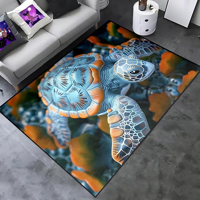 Sea Turtle Rug for Bedroom - Sea Turtle Ocean Animal Prints Carpet Rug for Kids Boys Silver Underwater Ocean Theme Decor, 80" L x 58" W