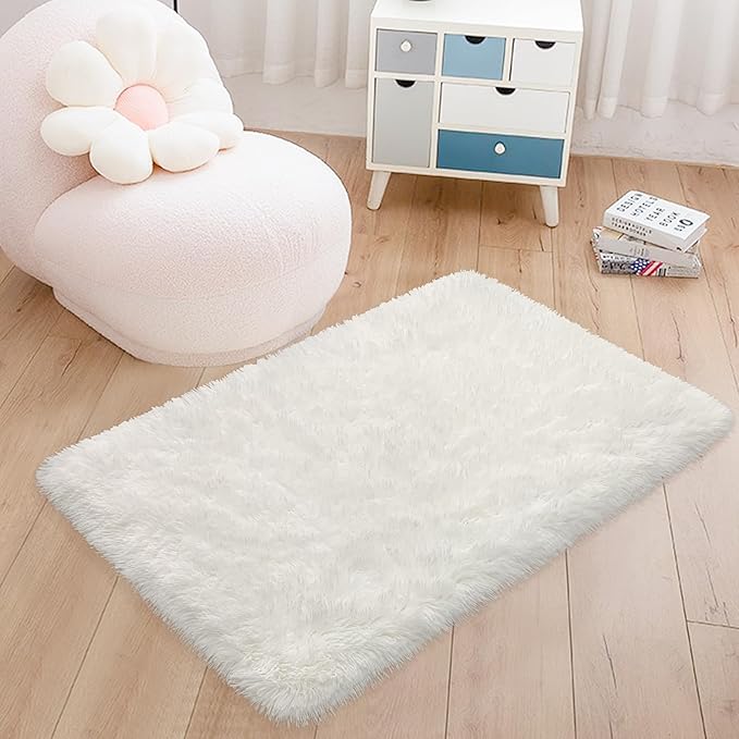 White Fluffy Rug for Bedroom Living Room, 2x3 Small Area Rug Furry Throw Bedside Rug for Dorm, Non-Slip Entryway Indoor Front Door Mat, Soft Plush Shag Carpet Washable for Nursery Kids Room