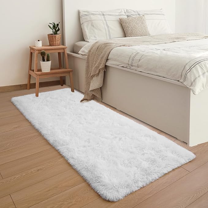 YJ.GWL Soft Runner Rug for Bedroom Living Room Plush Fluffy Rugs 2x6 Feet, White Shag Rug Carpet Non Shedding for Nursery Dorm, Fuzzy Bedside Runner Rug for Kids Girls Room Home Decor