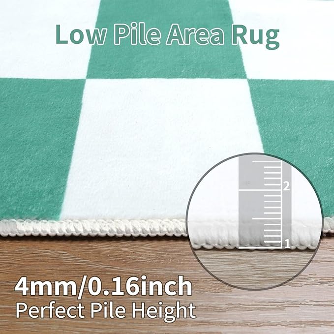 Terrug Green and White Small Checkered Rug for Bedroom, 2x3 Soft Washable Rug with Non Slip Backing, Low Pile Throw Carpet for Entryway Hallway Kitchen Laundry Room