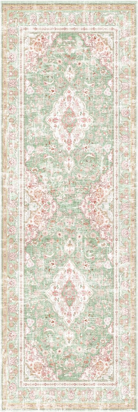 Vhong Washable Area Rugs Boho Vintage Modern Neutral Small Carpet Green and Pink High Traffic Rugs 2×6 for for Kitchen Hallway Living Room Non Slip
