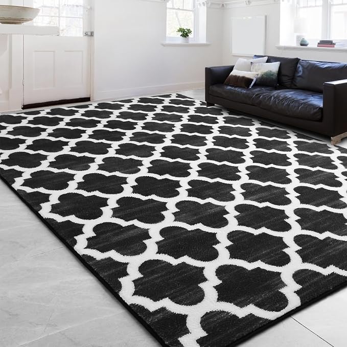 Large 5x8 Geometric Shag Modern Area Rug for Living Room Bedroom, Distressed Moroccan Fluffy Rug Indoor Carpets for Kids Nursery Bedside Room Decor, Memory Foam Soft Shaggy Rugs, Black/White