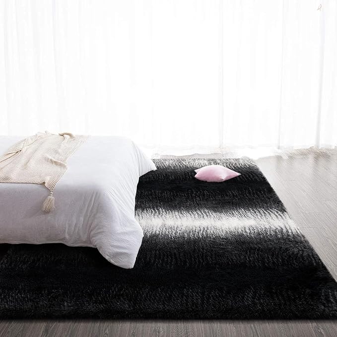 TWINNIS Super Soft Shaggy Rugs Fluffy Carpets, 4x5.9 Feet, Indoor Modern Plush Area Rugs for Living Room Bedroom Kids Room Nursery Home Decor, Upgrade Anti-Skid Rectangular Fuzzy Rug, Black White
