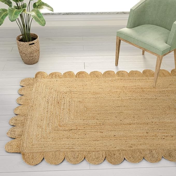 GRUHUM Scalloped Jute Area Rug 4'x6' ft Natural Fibre Rectangular Handwoven Boho Reversible Farmhouse Soft Braided Rustic Vintage Rug Indoor EcoFriendly Livingroom Bedroom Kitchen Hallways Enterways