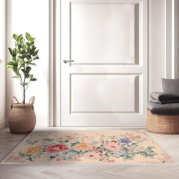 2x3 Entryway Rugs Machine Washable Area Rug Pink Blue Red Yellow Floral Boho Botanical Leaf Flower Rug Non-Slip Low Pile Door Mat Entrance Small Carpet for Home Kitchen Bathroom Bedroom