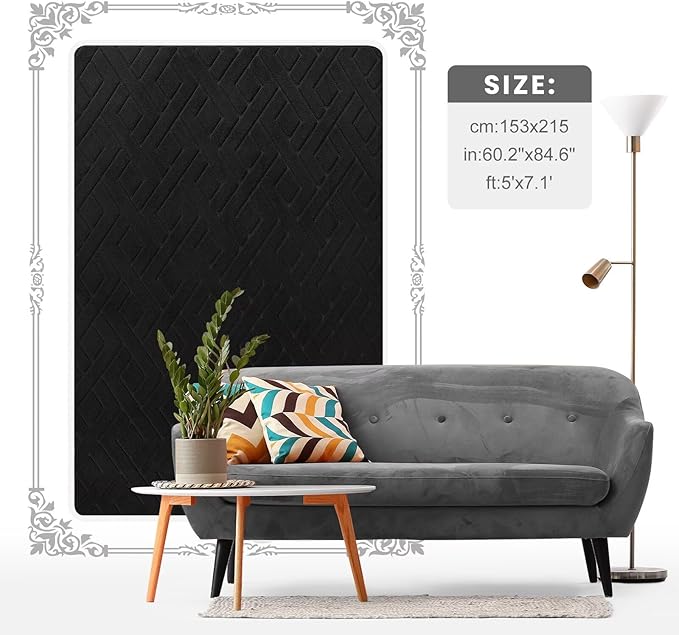 Ultra Soft Black Area Rug for Living Room, 5x7 Modern Geometric Shag Rugs with Nonslip Backing for Bedroom, Washable Fuzzy Carpet for Cozy Kids Room Nursery