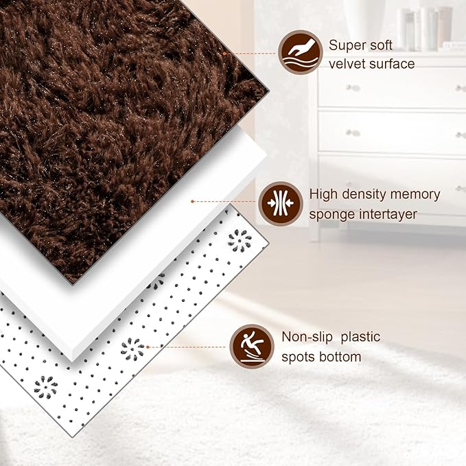 TWINNIS Super Soft Shaggy Rugs Fluffy Carpets, 8x10 Feet, Indoor Modern Plush Area Rugs for Living Room Bedroom Kids Room Nursery Home Decor, Upgrade Anti-Skid Rectangular Fuzzy Rug, Brown