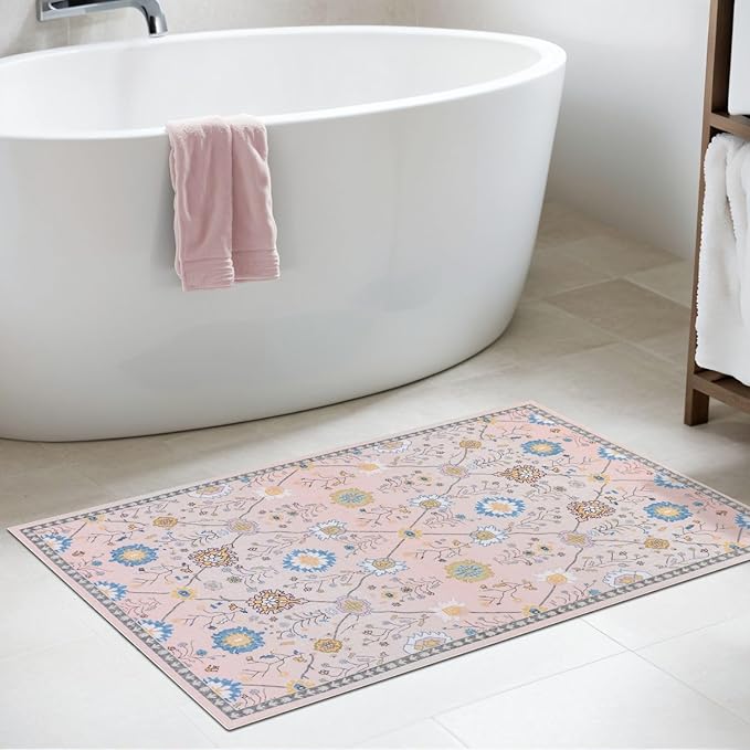 Syalife 2x3 Area Rugs, Non Slip Washable Small Rugs for Entryway, Kitchen, Bathroom, Kids Room, Low Pile Entry Throw Rug Indoor Front Door Mat (Pink Floral, 2'x3')