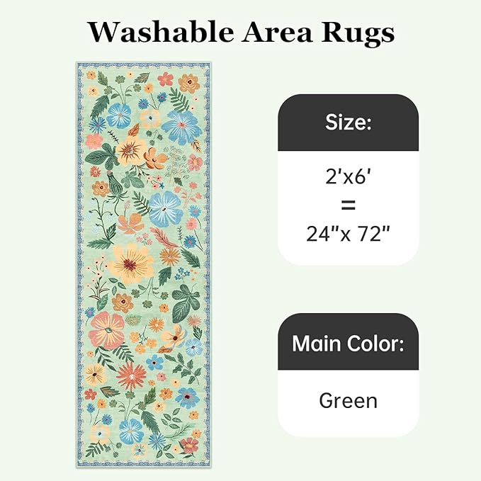 Washable Runner Rug 2x6 for Entryway Non Slip Stain Resistant Green Carpet Runners for Hallways 6ft Low Pile Faux Fur Vintage Floral Pattern Boho Spring Kitchen Rugs for Laundry Front Porch Bedroom