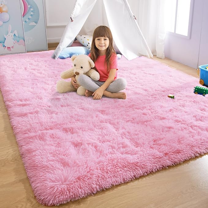 YJ.GWL Area Rugs for Living Room Bedroom, 4x6 Machine Washable Large Pink Carpet, Soft Fluffy Shaggy Thick Big Shag Indoor Floor Rug for Kids Boy and Girls Room Dorm Home Decor Aesthetic