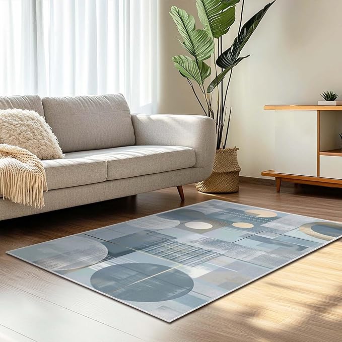 3x5 Entryway Rug Abstract Minimalist Circle Blue Small Area Rug Bedroom Bedside Thin Carpet Bathroom Non Slip Indoor Entrance Low Pile Door Mat Kitchen Stain Resistant Washable Machine