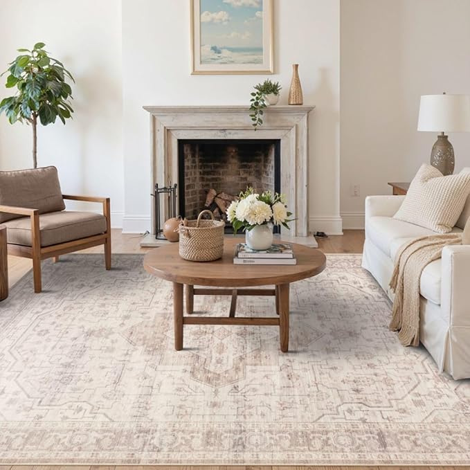 5x7 Washable Area Rug for Living Room & Bedroom, Large Soft Pink Rugs for Girls Women, Non Slip, Durable Low Pile Carpet, Vintage Carpets for Office, Dining Room, Kids Room and Farmhouse