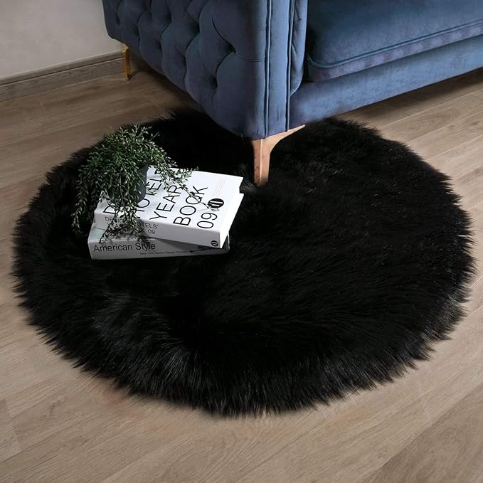 Ashler faux fur rug, Fluffy Shaggy Area Rug Ultra Soft 3 x 3 Feet Round Fur Rug, Black Fuzzy Rug Machine Washable Shag Rug, Nursery Decor Throw Rugs for Bedroom, kids room, Living Room