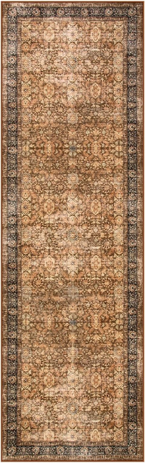 Morebes Vintage Carpet Runners for Hallway 8ft, Floral Kitchen Runner Rugs Non Skid Washable, Super Soft Indoor Throw Carpet for Entryway Entrance Laundry Room Bedroom, Dark Brown