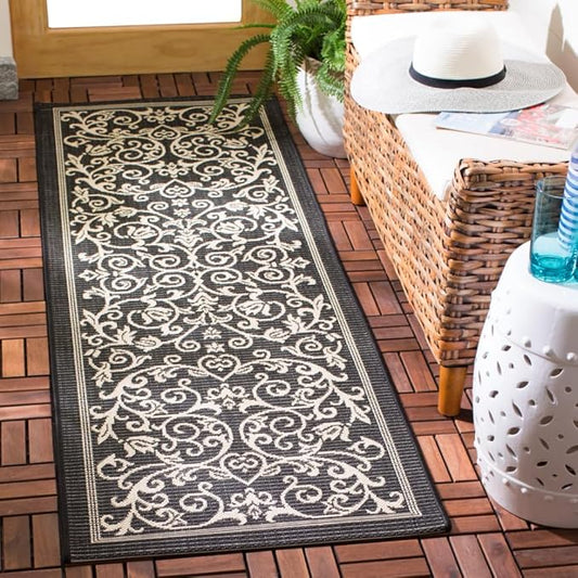 SAFAVIEH Courtyard Collection Runner Rug - 2'3" x 14', Black & Sand, Scroll Design, Non-Shedding & Easy Care, Indoor/Outdoor & Washable-Ideal for Patio, Backyard, Mudroom (CY2098-3908)