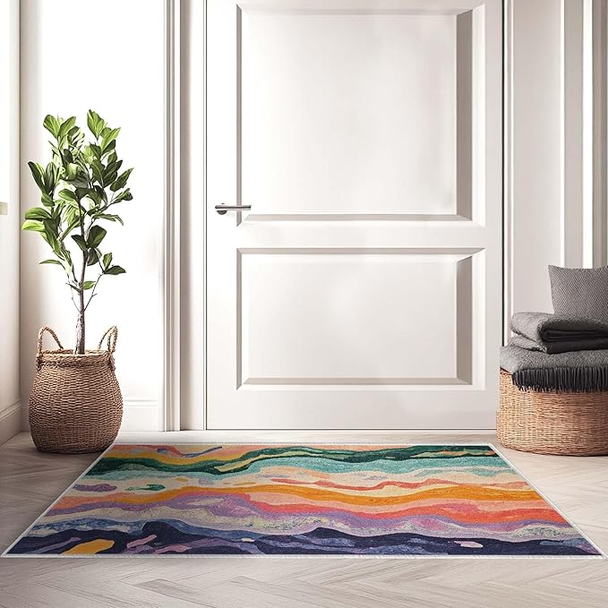 2x3 Entryway Rugs Machine Washable Area Rug Purple Yellow Pink Green Modern Abstract Colorful Rug Non-Slip Low Pile Door Mat Entrance Small Carpet for Home Kitchen Bathroom Bedroom