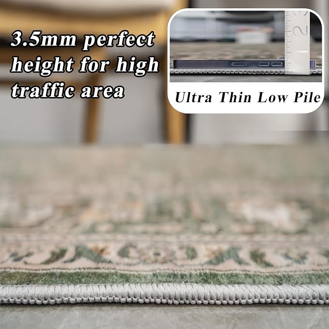 10x14 Rug Living Room: Extra Large Washable Area Rugs Super Soft Distressed Oriental Rugs with Non Slip Backing Farmhouse Rug Low Pile Thin Stain Resistant Indoor Carpet 10x14 Green/Multi
