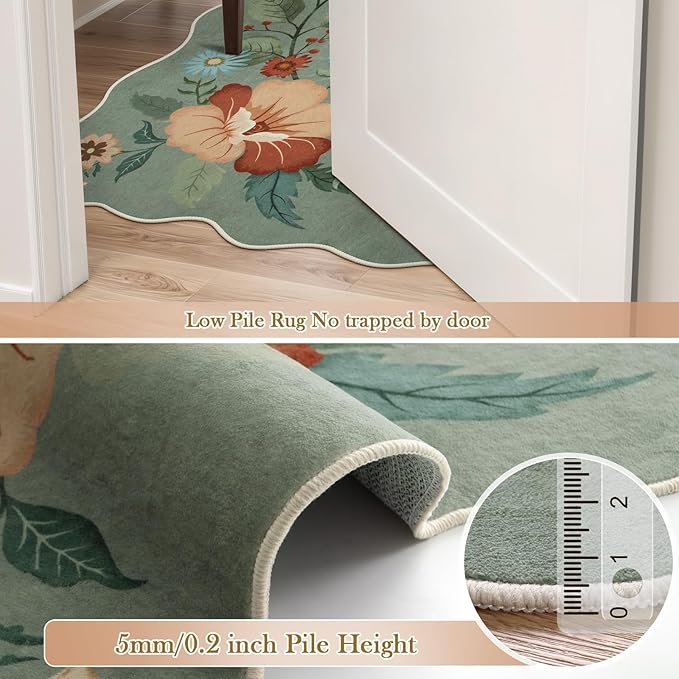 Beeiva 8x10 Floral Washable Area Rugs for Bedroom Under Bed, Ultra Thin Non-Slip Green Rug for Living Room, Soft Large Carpet for Playroom, Office, Dining Room - Green(8x10ft)