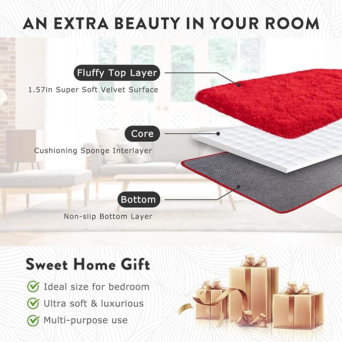 5x7 Red Rugs for Bedroom, Soft Fluffy Shaggy Rug for Living Room, Non-Slip Fuzzy Shag Carpet Rug for Kids Room Home Decor Aesthetic