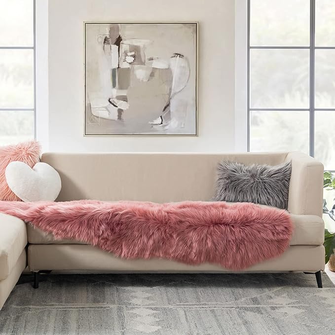Ashler Faux Fur Rug, Fluffy Shaggy Area Rug Ultra Soft 2 x 6 Feet Sheepskin, Blush Pink Fuzzy Rug Machine Washable Shag Rug, Nursery Decor Throw Rugs for Bedroom, Kids Room, Living Room