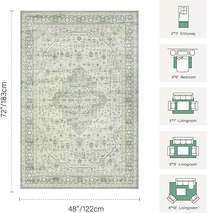 4x6 Washable Area Rug for Living Room, Vintage Boho Rugs for Office, Dining Room, Kids Room, Farmhouse, Durable Low Pile Non Slip Carpet for High Traffic Areas, Sage Green
