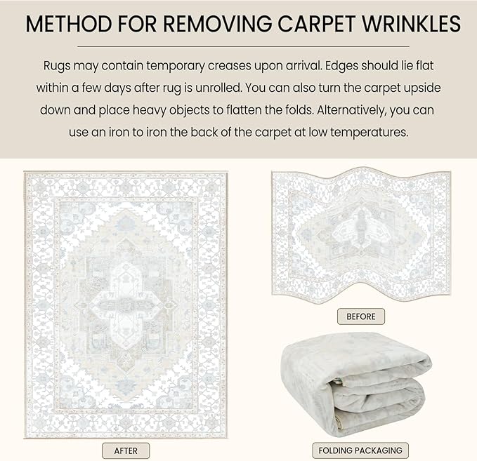 Washable 2x10 Area Rugs, Rugs for Living Room, Low-Pile Water&Stain Resistant Carpet Vintage Distressed Printed Non-Slip Carpet for Bedroom Bathroom Kitchen-Cream White