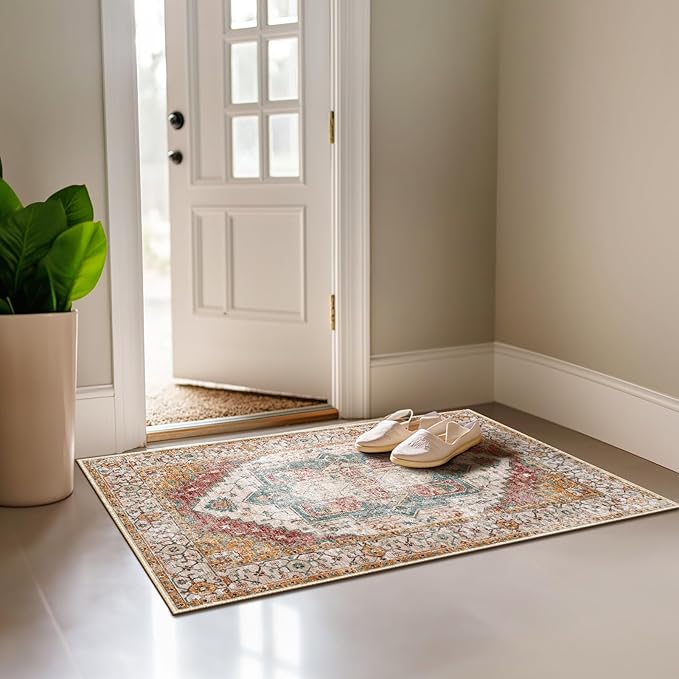 Washable 2x3 Area Rugs, Rugs for Living Room, Low-Pile Water&Stain Resistant Carpet Vintage Distressed Printed Non-Slip Carpet for Bedroom Bathroom Kitchen-Yellow/Brown