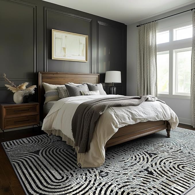 Bavni Area Rug, Non Shedding Washable Rugs 8x10, Durable Rugs for Living Room Dining Room, Aesthetic Abstract Rugs for Bedroom, Soft Non Slip Backing Rug (Gray Black)