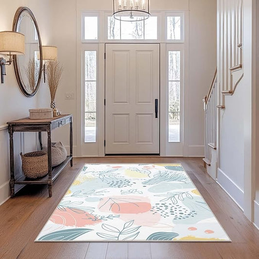 4x6 Rug Boho Minimalist Botanical Leaf Area Rug Bedroom Soft Thin Low Pile Large Carpet Living Room Non Slip Office Dining Room Stain Resistant Washable Machine