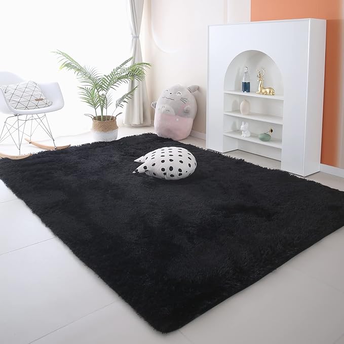 Black Area Rug for Living Room: 5x8 Black Fluffy Area Rugs for Bedroom-Shag Area Rug,Indoor Ultra Soft Fluffy Plush Carpet for Living Room,Bedroom (5x8 Feet, Black)