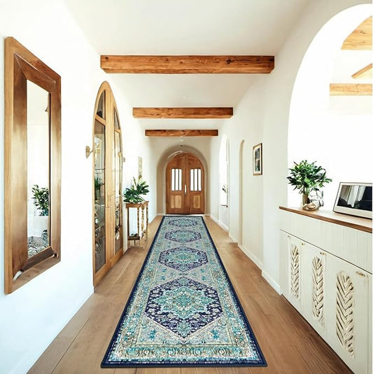 BESTSWEETIE 2x10 Area Rugs for Living Room Washable Non Slip Carpet Low Pile Soft Vintage Print Pattern Rug for Bedroom Dining Room Kitchen Entryway Indoor-Teal/Navy/Green/Yellow