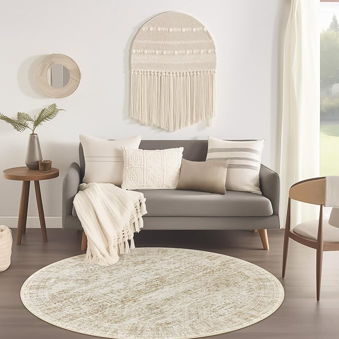 4x4 Beige Round Rug 4ft Entryway Rug Vintage Round Area Rug Non-Slip Indoor Carpet for Living Room Dining Room Bedroom