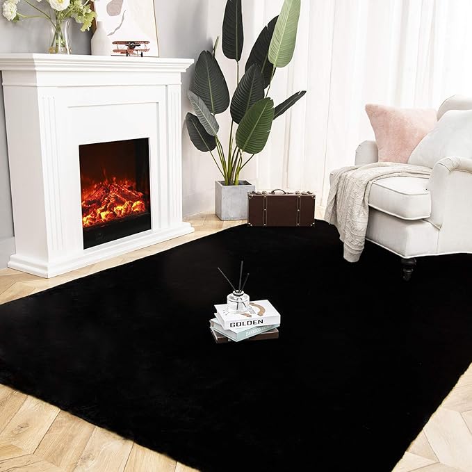 Ashler Faux Fur Rug, Ultra Soft Faux Rabbit Fur, Black Area Rugs, 5 x 7 Feet Rectangle, Machine Washable Nursery Decor Throw Rugs for Bedroom, Kids Room, Living Room