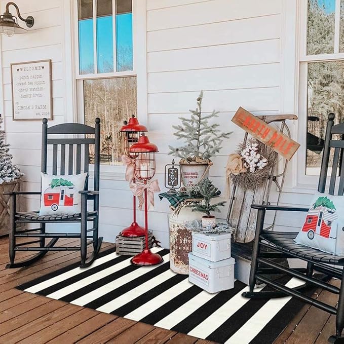 Seavish Black and White Striped Rug, 4’x6’ Indoor Outdoor Patio Rugs, Handmade Woven Farmhouse Front Porch Rugs, Machine Washable Modern Cotton Area Rugs for Living Room Entryway Dorm Apartment