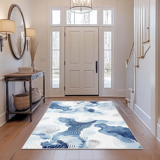 4x6 Rug Abstract Minimalist Blue White Area Rug Bedroom Thin Low Pile Large Carpet Living Room Non Slip Dining Room Office Stain Resistant Washable Machine