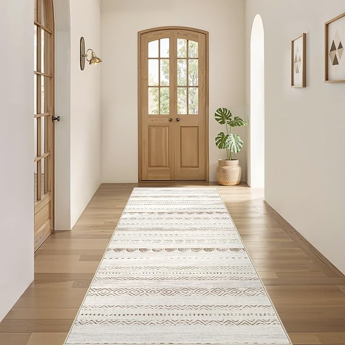 Runner Rug Kitchen Washable Rugs: 2x6 Non-Slip Boho Soft Modern Stain Resistant Indoor Floor Neutral Farmhouse Throw Carpet for Hallway Bathroom Laundry Room Entryway Bedroom- Beige