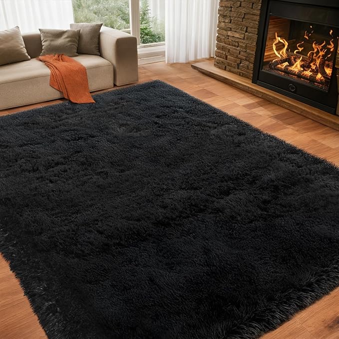 Zentavio 8x10 Black Area Rugs for Living Room Clearance Bedroom Large Men Room Carpet Fluffy Furry Shag Aesthetic Plush High Pile Floor Rug for Nursery Kids Room Dorm Home Decor