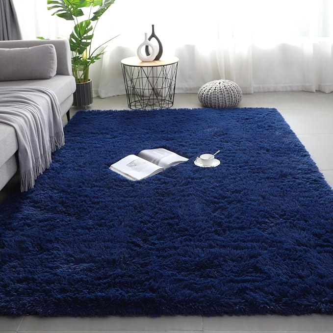 Shag Area Rugs for Bedroom Living Room,6X9 Ultra Soft Fluffy Area Rugs for Dorm, Indoor Carpet Nursery Rugs for Kids Girls Room Home Decor,Navy Blue