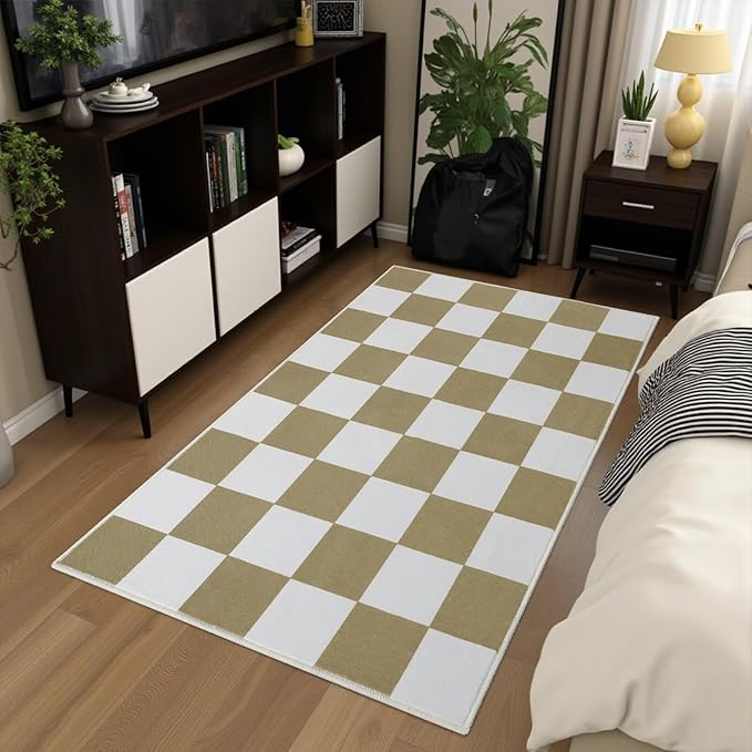 Terrug Beige and White Small Checkered Rug for Bedroom, 2x3 Soft Washable Rug with Non Slip Backing, Low Pile Throw Carpet for Entryway Hallway Kitchen Laundry Room