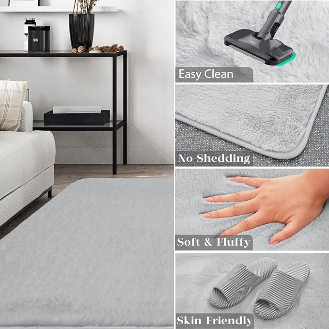 Ultra Soft Kitchen Rugs for Entryway Bathroom 2x3 Feet, Fuzzy Washable Indoor Door Mat - Cozy Faux Fur, Small Carpet for Bedroom Entry (Light Grey)