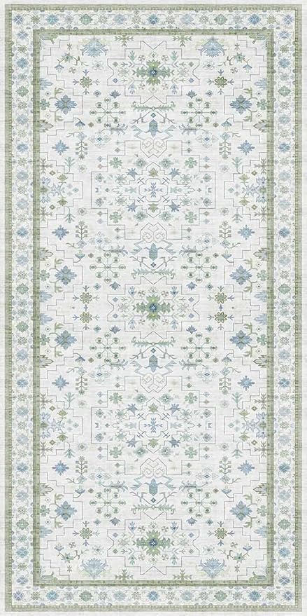 Cream Green and Blue 2x4 Boho Bathroom Rug - Oushak Floral Pastel, Washable Low Pile Non Slip with Rubber Backing Stain Resistant Entryway Rugs Indoor, Small Carpet for Kitchen, Bedroom, Laundry Room
