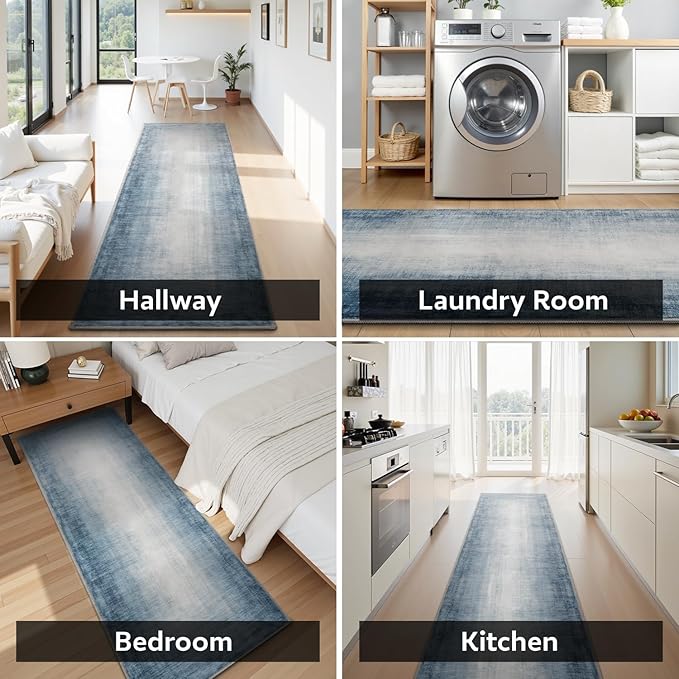 2x6 Runner Rug Machine Washable Non Slip Area Rug Modern Abstract Rug Ultra Soft Floor Runners for Hallways for Entryway Laundry Room Kitchen, Blue