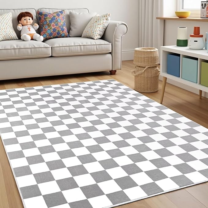Terrug Grey and White Checkered Rug for Living Room Bedroom, 3x5 Soft Washable Area Rug with Non Slip, Low Pile Stain Resistance Carpet for Kids Room Entryway Kitchen Dorm