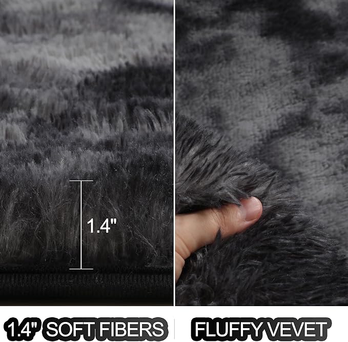 RUGTUDER 5x8 Fluffy Tie-Dyed Dark Grey Rug, Bedside Preppy Dorm Area Rug for Kids Room, Non-Slip Shaggy Design Rugs for Boys Living Room, Baby Nursery, Indoor Modern Plush Home Decor Aesthetic