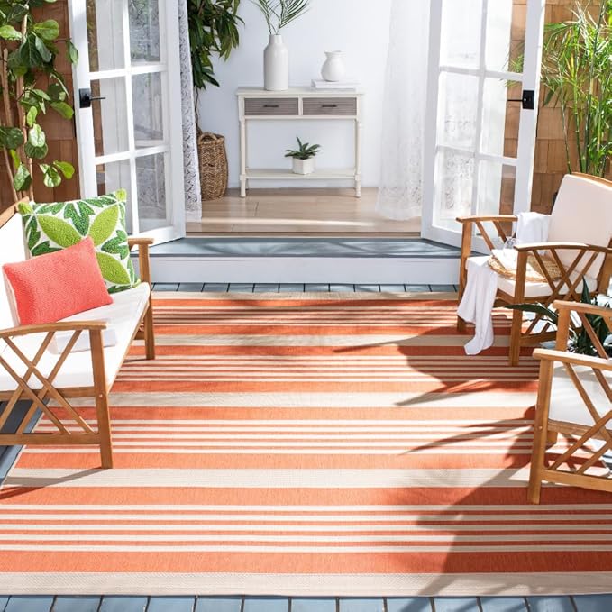 SAFAVIEH Courtyard Collection Area Rug - 9' x 12', Terracotta & Beige, Stripe Design, Non-Shedding & Easy Care, Indoor/Outdoor & Washable-Ideal for Patio, Backyard, Mudroom (CY6062-241)
