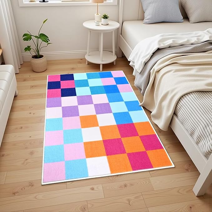 Terrug Multicolored Small Checkered Rug for Bedroom, 2x3 Soft Washable Rug with Non Slip Backing, Low Pile Throw Carpet for Entryway Hallway Kitchen Laundry Room