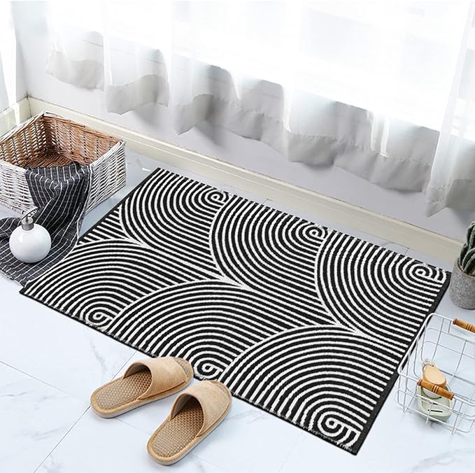 Tiffasea Front Door Mat 2'x3', Machine Washable Welcome Mats Cotton Woven Small Rug Reversible Indoor Outdoor Rugs Layered Floor Mat for Entryway/Kitchen/Bathroom/Bedroom(Black and White)