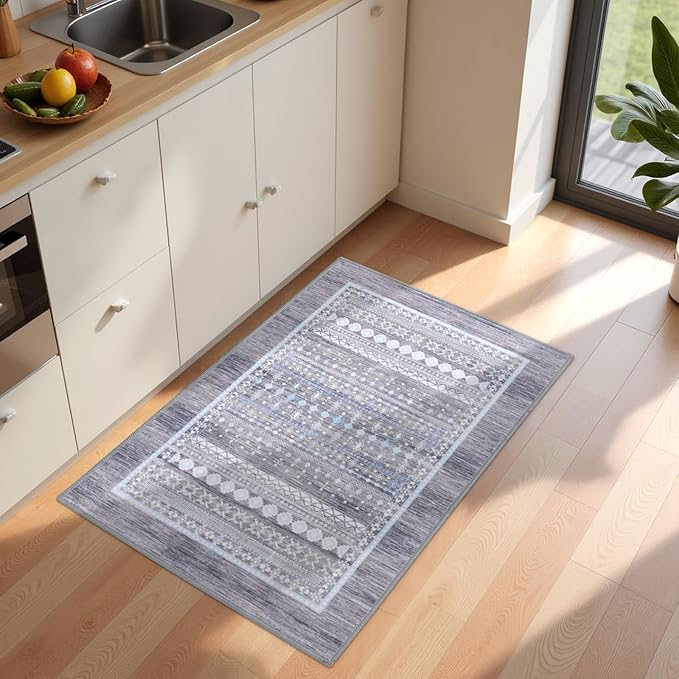 2x3 Small Rugs for Bedroom, Washable Aztec Geometric Indoor Entryway Door Rug with Non-Slip Backing, Soft Moroccan Throw Rug Western Carpet for Kitchen Home Office, Grey & Blue